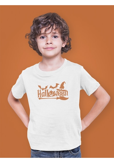 Bumeta Halloween Yarasa Balkabağı Cadı Şapkası Ve Süpürge Turuncu Çocuk Tişört T-shirt Beyaz