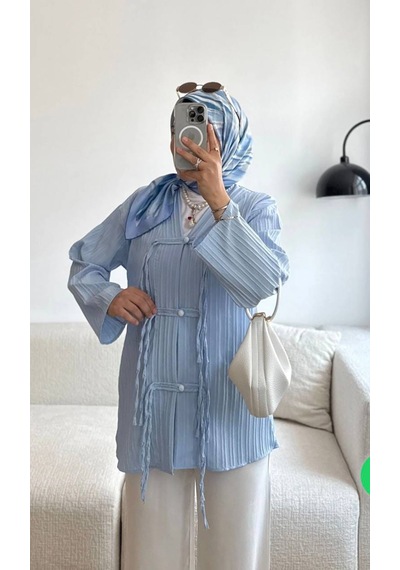 By Nursel Çiçek Kadın Premium Kruvaze Yaka Dügme Detaylı Tunik-kimono Bebe Mavisi