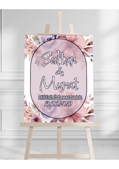 Söz Nişan Düğün İçin 50x70 Karşılama Panosu - Mor Çiçek Desenli 002 Beyaz