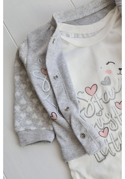 Babydonat Stay Little Puan Desenli 3'lü Hırkalı Kız Bebek Takım Gri