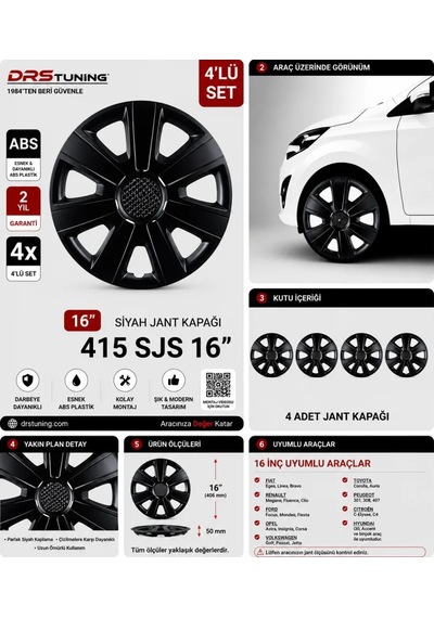 Volkswagen Uyumlu 16 Inc Kırılmaz Parlak Siyah Jant Kapağı 1 Takım 4 Adet No:415