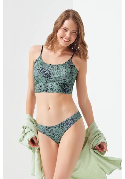 Cottonhill Yeşil Desenli Ayarlanabilir Askılı Lazer Kesim Kadın Crop Büstiyer Dsn18