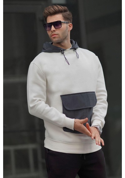 Madmext Ekru Kanguru Cep Kapüşonlu Erkek Sweatshirt 6138-ekru Ekru