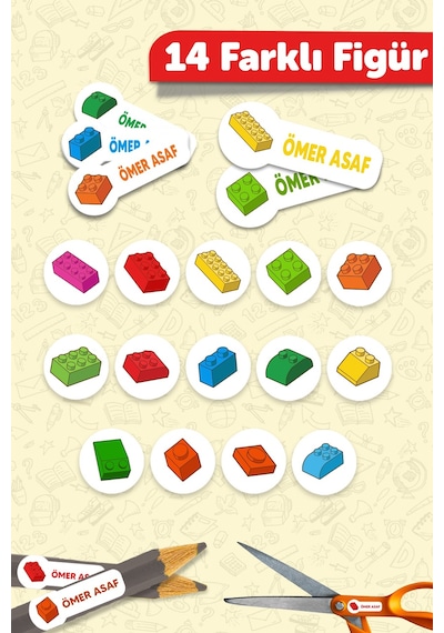 Okul Etiketi Kalem Defter İsimli Etiket Isim Yazılabilen Legos - 190 Adet Özel Tasarım Etiket Çok Renkli
