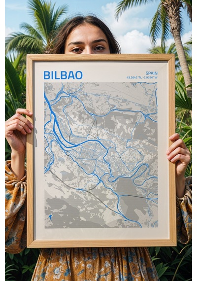 Bilbao İspanya Spain Haritası Çerçeveli Tablo Lüks Salon Ofis Duvar Dekorasyonu Hediyelik Tablo Kayın