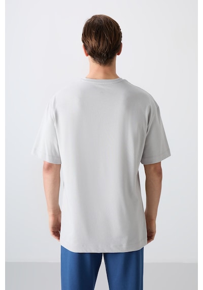 Tommy Life Taş Pamuklu Kalın Yumuşak Dokulu Oversize Fit Baskılı Erkek T-shirt - 88334 Taş