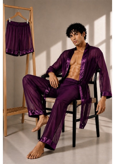 Qmen Style Erkek Şifon Kimono- Pijama - Şort Seti Mor