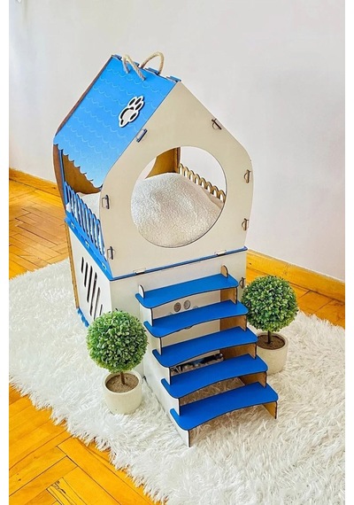 Dekoratif Kedi Evi Teraslı Dublex Mavi