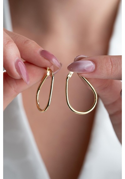 925 Ayar Gümüş Gold Kaplama Oval Damla Model Şarnel Küpe Gold
