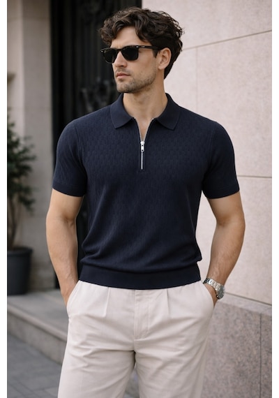 Erkek Fermuarlı Polo Yaka Triko Tişört Slim Fit Dokulu Yazlık Şık Casual Lacivert
