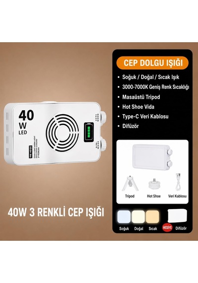 40w Led Cep Fotoğraf Işığı 3000-7000k Crı 95+ Type-c Cmd-201