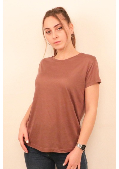 Rich Kadın O Yaka T-shirt %100 Pamuk Tişört Kahverengi
