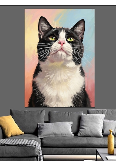 Ahşap Tablo Yukarı Bakan Siyah Kedi