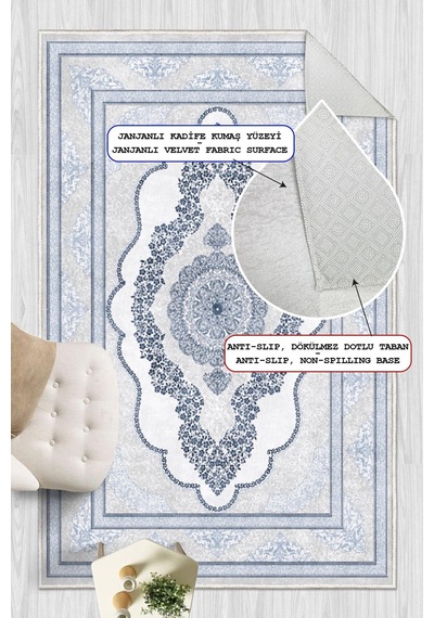 Klasik Desenli Dijital Baskılı Kaymaz Taban Yıkanabilir Salon Halısı Oturma Odası Halısı Mavi