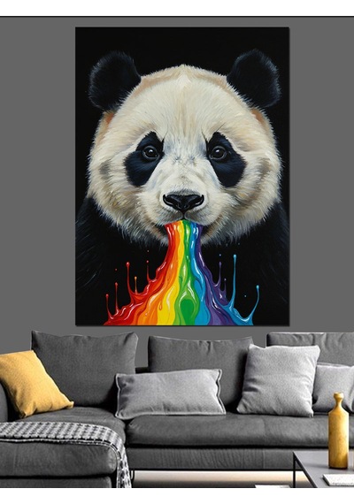 Ahşap Tablo Gökkuşağı Kusan Panda Çizimi