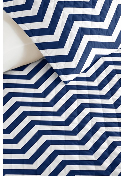 Mavi Zigzag Geometrik Genç Odası Tek Kişilik Pike Takımı - Lacivert 160x220 Cm Kapitone Yatak Örtüsü Gölge Yün Hissi