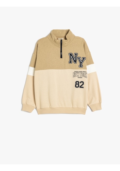 Koton Sweatshirt Dik Yaka Yarım Fermuarlı Uzun Kollu Renk Bloklu Şardonlu Deve Tüyü 5wkb10228tk Taba