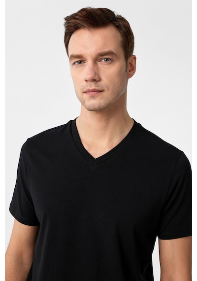 Süvari Siyah Slim Fit Düz V Yaka Tişört