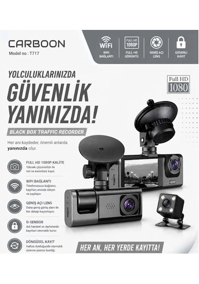 Carboon T717 Araç İçi Kamera 1080p+720p Full Hd Ön,arka Ve Iç Kayıt 3 Kamera Gece Görüşlü