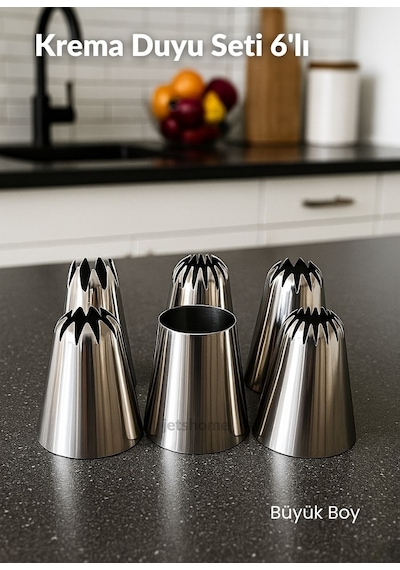 Büyük Boy 6 Lı Yıldız Uçlu Krema Duy Seti Metal Pasta, Cupcake Ve Kurabiye Krema Duyu Süsleme Ucu Metalik Gri