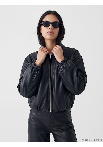 Lcw Vision Siyah Kadın Oversize Bomber Deri Görünümlü Ceket