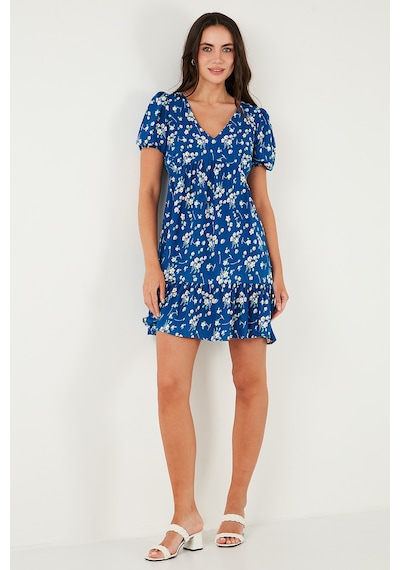 Lela Regular Fit V Yaka Balon Kol Desenli Mini Bayan Elbise 67810045 Koyu Mavi