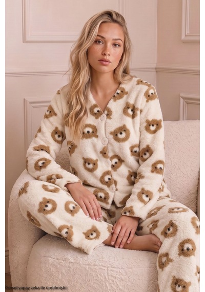 Siyah İnci Ekru Alt-üst Wellsoft Düğmeli Kışlık Örme Hırkalı Pijama Takım 26221901