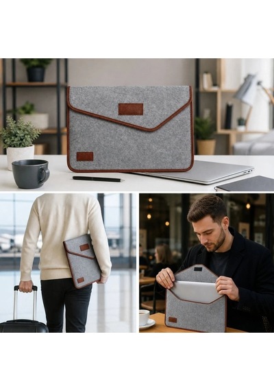 Ergonomik Gri Cırt Cırtlı Keçe Laptop Ve Evrak Çantası 15.6 İnç Sarı