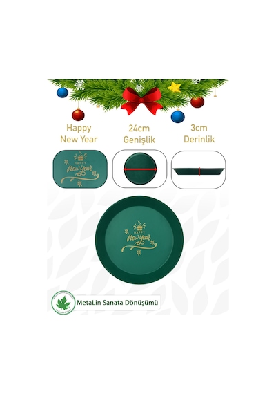 Yeşil Yılbaşı Sunum Tepsi 24 Cm, Servis Tepsisi, Kahve Tepsisi, Happy New Year Baskılı