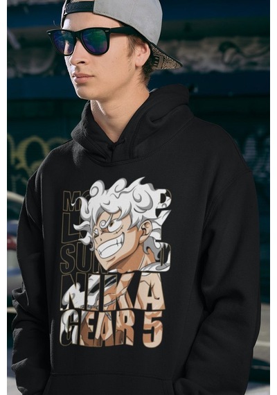 Monkey D. Luffy Nika Gear 5 Baskılı Unisex Oversize Anime Hoodie Siyah