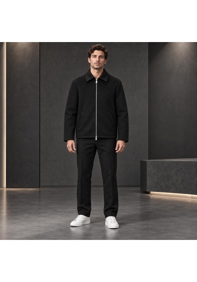 Stormwear Erkek İthal Kaşe Ceket Gömlek Yaka Fermuarlı Cepli Mevsimlik Kaban Mont Siyah