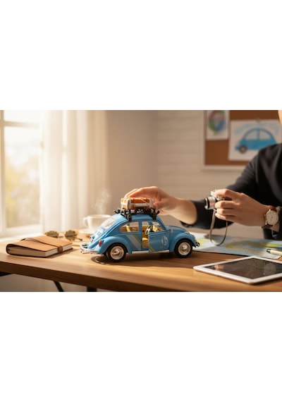 Klasik Işıklı Sesli Metal Araba - Mavi Valizli Retro Beetle - 15 Cm Çok Renkli
