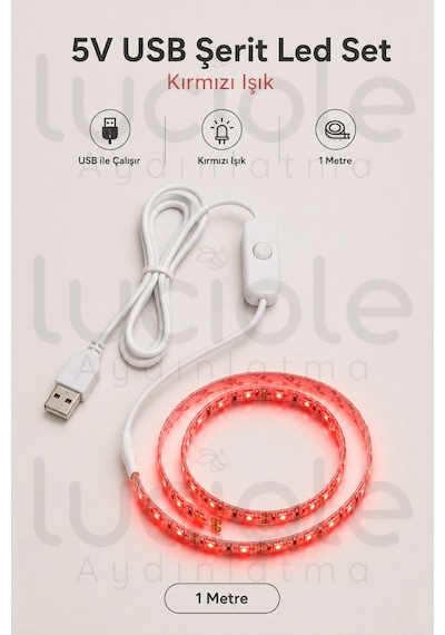 1 Metre 5v Usb Kırmızı Şerit Led Aç Kapa Anahtarlı Tv Masa Araç Dekoratif Led Işık