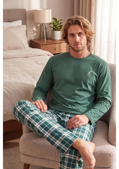 Buratti Ekoseli Pamuklu Bisiklet Yaka Uzun Kollu Pijama Takımı Erkek Pijama Takımı 6575003 Yeşil