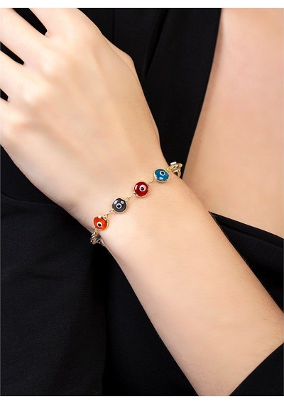 Nazar Boncuğu Detaylı Multicolor Gold Renk 925 Ayar Gümüş Kadın B