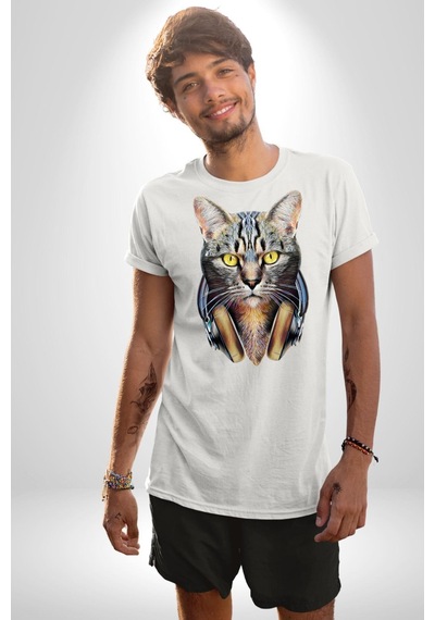Kulaklık Kedi Unisex Unisex Beyaz Organik Baskılı T-shirt Penye Yüksek Kalite Beyaz