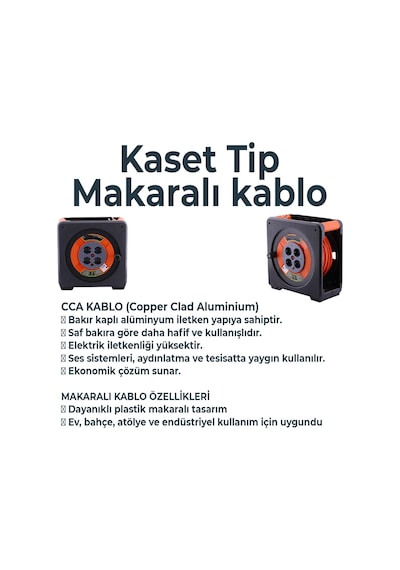 Makaralı Cca Uzatma Kablosu 50 Metre 3x1.5 Mm 4 Prizli Termal Sigortalı Plastik Seyyar Kaset Tipi