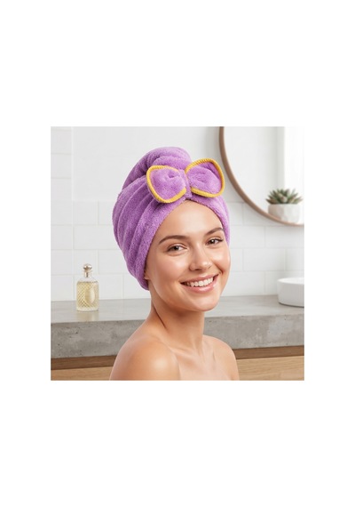 Prenses Peluş Mikrofiber Saç Kurulama Havlusu Çizgi Fiyonklu, Pratik Saç Bonesi - Duş, Makyaj Ve Bakım Saç Wrap Mor