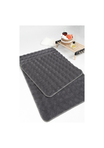 Modern Bubble Yıkanabilir Kaymaz Peluş Banyo Paspası Halısı 2li Klozet Takımı 50x80-50x40cm Antrasit