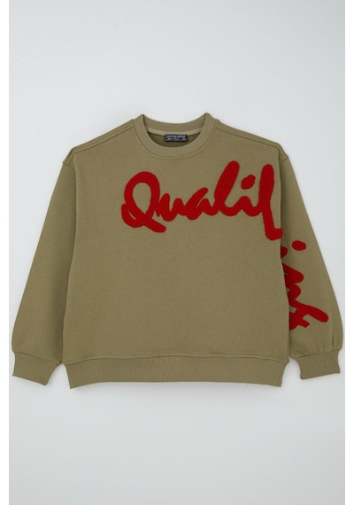 Locoloco Kız Çocuk Sweatshirt Kabartma Yazı Baskılı 9-14 Yaş, Haki Yeşil Haki Yeşil