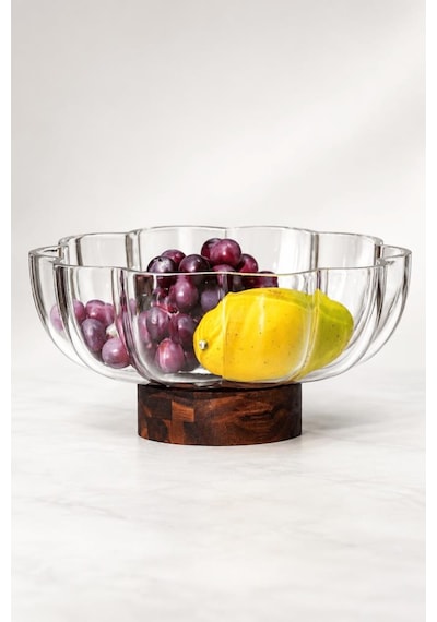 Atbyhome Akasya Ayaklı Çiçek Cam Meyvelik 25x12 Cm - Papatya Dilimli Cam Salata Tatlı Sunum Kasesi Gondol Şeffaf