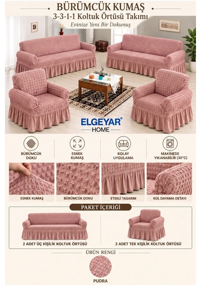 Bürümcük Koltuk, Kanepe, Çekyat Örtüsü, Koltuk Kılıfı 3 3 1 1 Pembe - 169471297 Pembe