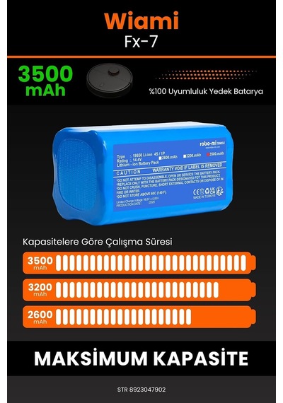 Robo Mi Wiami Fx-7 Robot Süpürge Bataryası, 3500mah Gerçek Kapasite, Maksimum Güvenlik, Model M288, Mavi