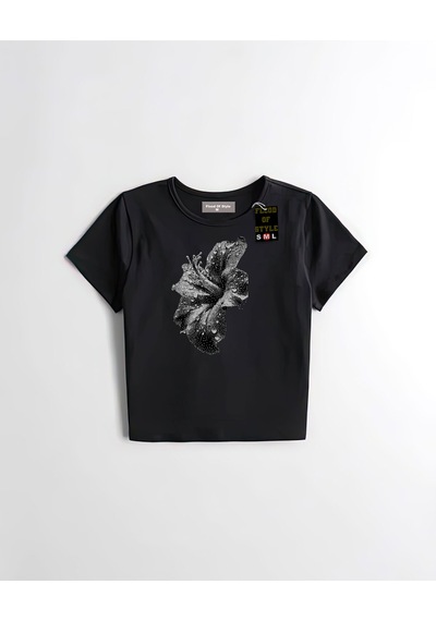 Flood Of Style Siyah Babby Tee Çiçek Özel Tasarım