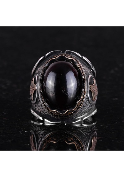 925 Ayar Gümüş Yüzük, Gerçek Doğal Garnet Taşlı Yüzük, Osmanlı Tuğra Yüzüğü Gümüş