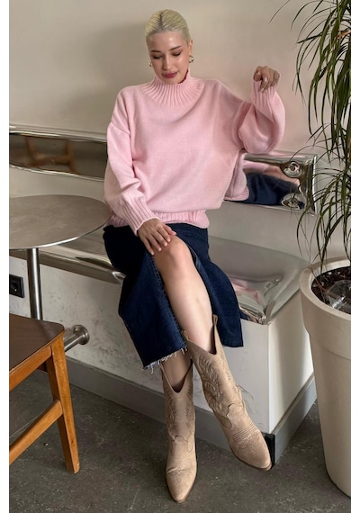Madmext Pembe Boğazlı Kadın Triko Kazak Mg2535 Pembe