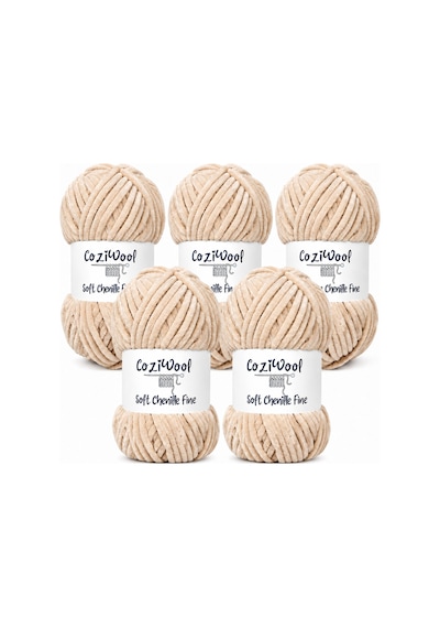 Kadife El Örgü İpliği Soft Chenille Fine 5'li Paket, 5x100 Gr. 160 Mt. %100 Mikro Polyester Krem - 925144855