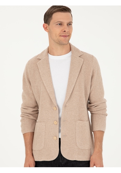 Cacharel Kahverengi Slim Fit Düğmeli Ceket Yaka Triko Hırka Taba