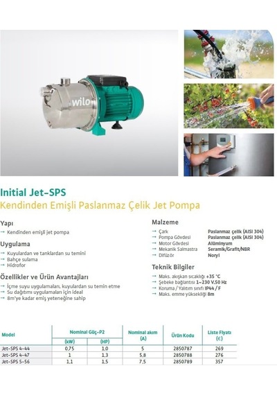 Wilo Jet Sps 4-47 Paslanmaz Jet - 1.3 Hp