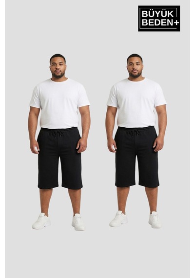 Süperlife Büyük Beden Erkek 2 Li Kapri Şort Rahat Kalıp Seti 3xl-6xl Spr26bsr591+2 Siyah